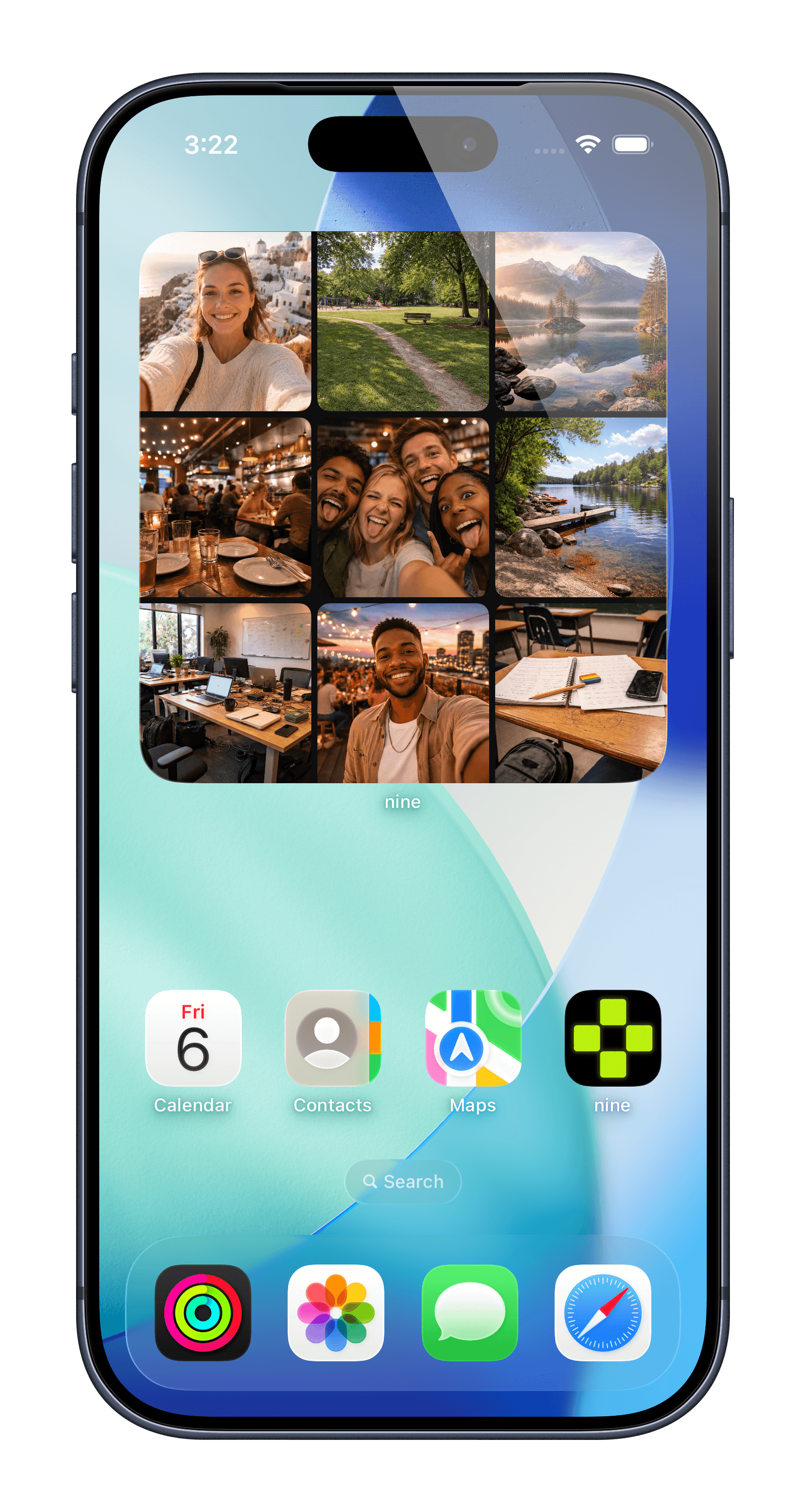Nine widget showing a 3x3 grid of friend photos on an iPhone home screen